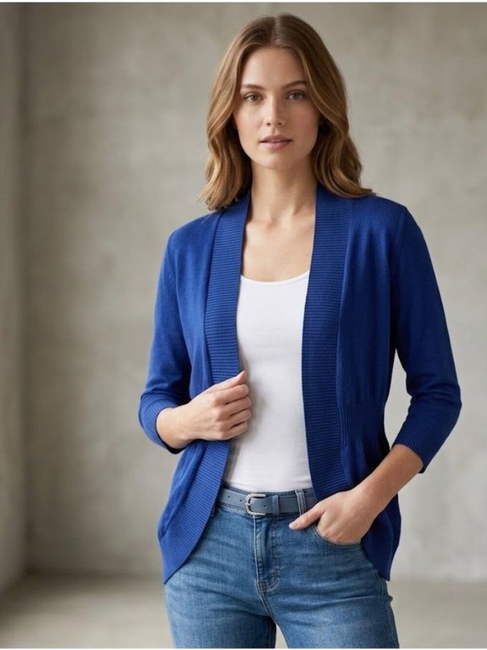 Verve Ami Open Cardigan Size Small Blue Elastic Fitted Waist Knit